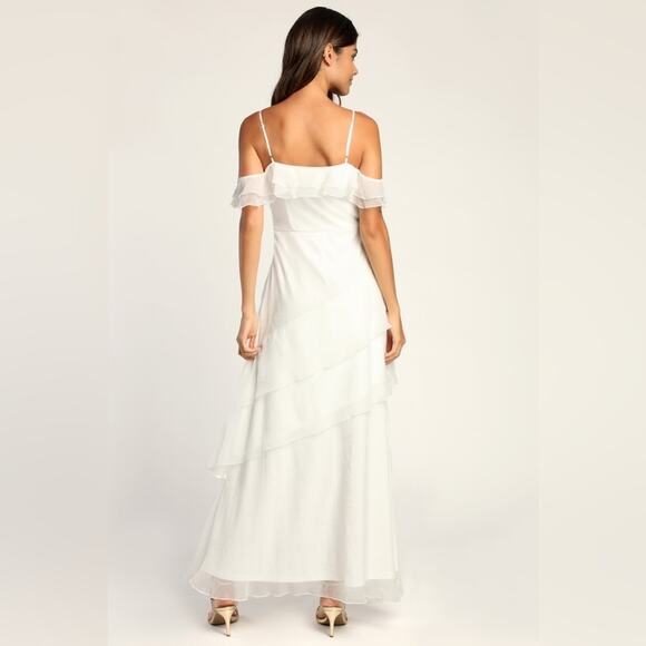 NWT Lulus Radiant in Ruffles White Ruffled Lace Cold Shoulder Maxi Dress XS - Picture 16 of 16